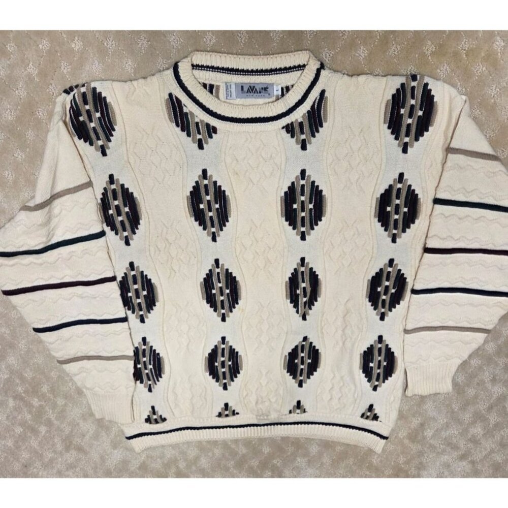 Lavane New York Sweater Mens Large Cream Geometric 3D Knit Coogi Style Vintage